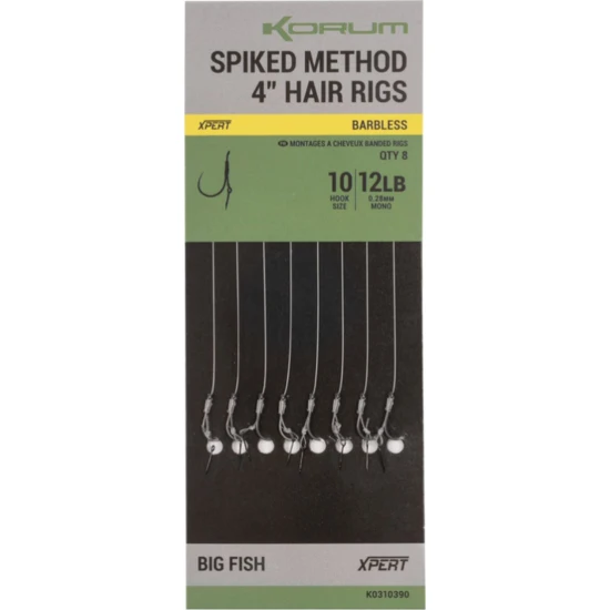 Carlige Legate KORUM Spiked Method Hair Rigs Barbless, 8lbs, Nr.14, 10cm, 8buc/pac